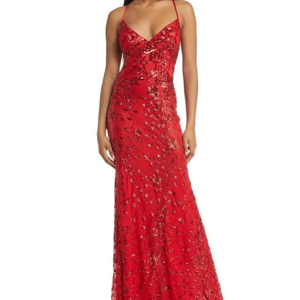 Lulu's Scarlet Beaded Spaghetti-Strap Maxi Gown
